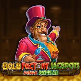 Gold Factory Jackpots Mega Moolah by Aurum Signature Studios, showcased at lizzarocasino.com – game logo