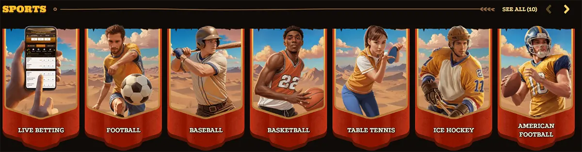Sports section with category tiles for Live Betting, Football, Baseball, Basketball, Table Tennis, Ice Hockey, and American Football, each shown with an athlete illustration on a desert-themed background.