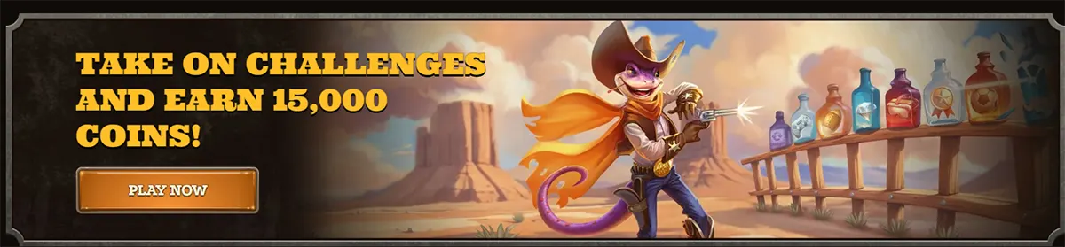 Promotional banner with a cartoon cowboy lizard character shooting at bottles in a desert canyon scene, featuring the text “Take on challenges and earn 15,000 coins!” and a “Play Now” button.