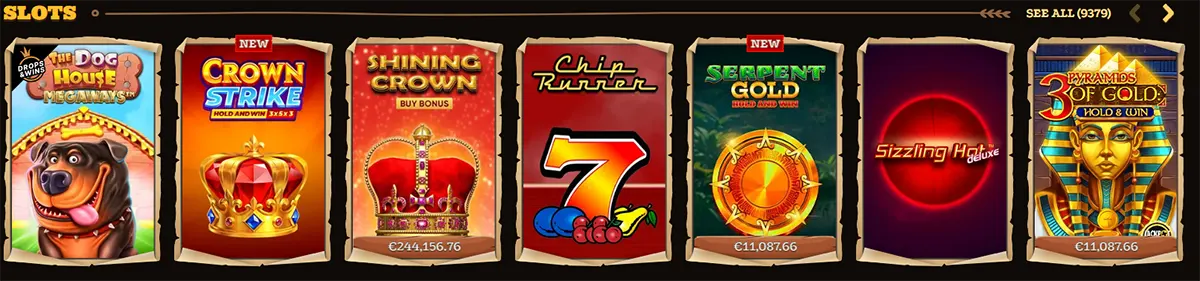 Slots category row with multiple game tiles (The Dog House Megaways, Crown Strike, Shining Crown, Chip Runner, Serpent Gold, Sizzling Hot Deluxe, Pyramids of Gold: Hold & Win) and a “See all (9379)” link.